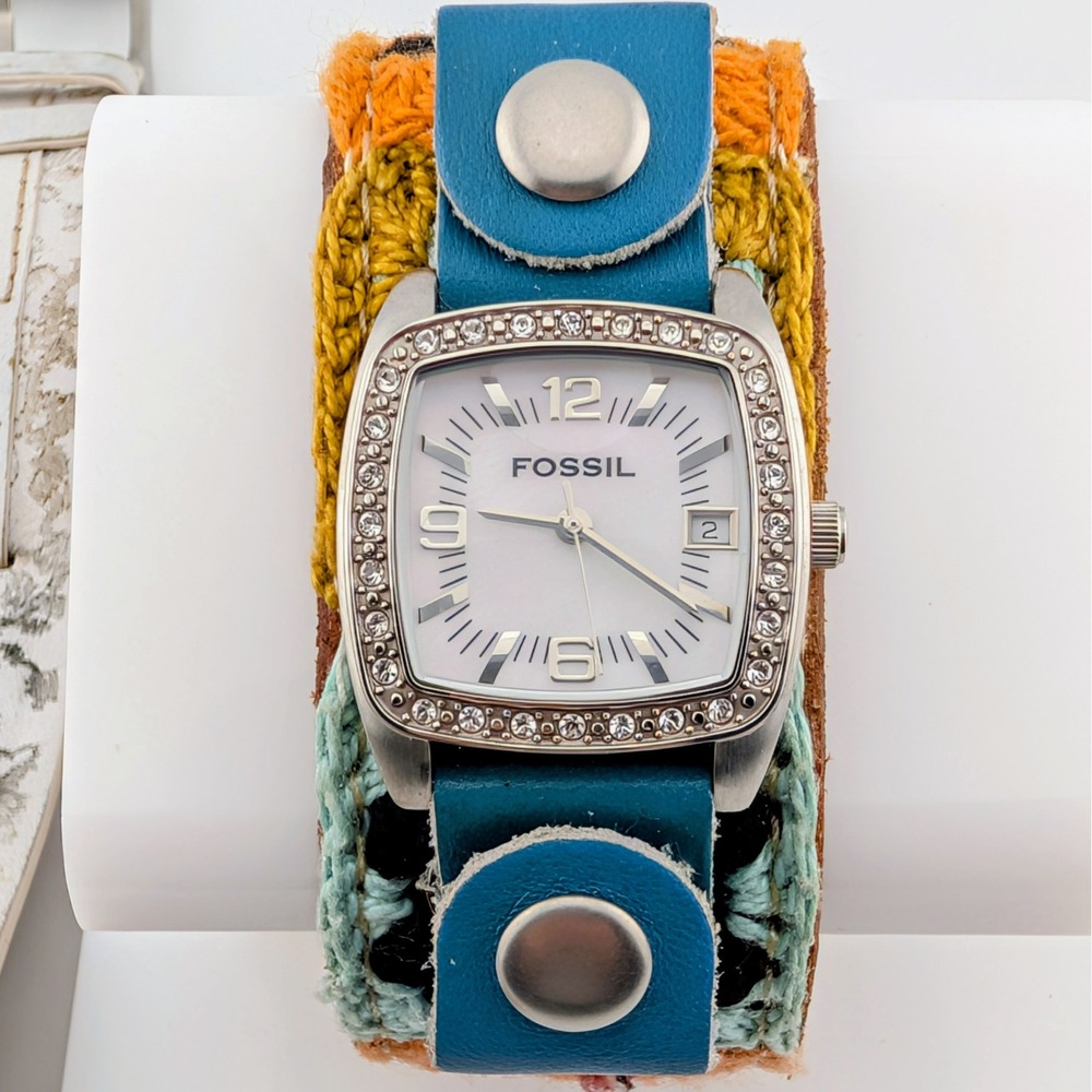 Fossil JR-8683 Women's MOP Watch Rhinestone Bezel Crochet Cuff 3 Straps Included